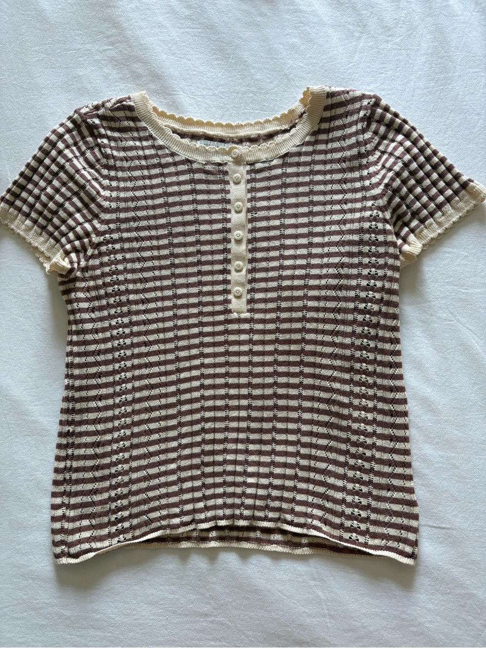 American Eagle Brown & Cream Striped Henley Knit Cotton Top Large